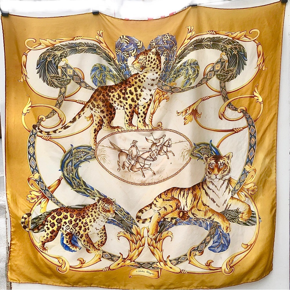 Salvatore Ferragamo Cheetah Leopard Tiger Animal Print Raj Polo Silk Scarf